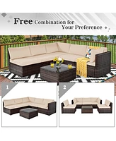 Gymax Set of 6 Rattan Furniture Set Patio Cushioned Sofa Coffee Table