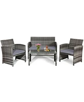 Gymax Set of 4 Rattan Furniture Set Conversation Glass Table Top Cushioned Sofa Patio