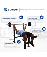 Stamina Adjustable Steel Weights Bench and Barbell Rack Combo Set with Resistance Band Anchor Points for Home Gym Workout or Exercise, Black