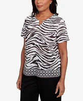 Alfred Dunner Women's Beaded Split Neck Animal Print Top