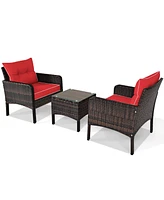 Gymax 3PCS Outdoor Patio Rattan Furniture Set w/ Coffee Table Cushion