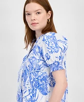 T Tahari Women's Printed Split-Neck Puff-Sleeve Top