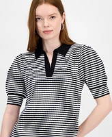T Tahari Women's Collared Split-Neck Puff-Sleeve Top