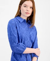 T Tahari Women's Embroidered Eyelet Belted Shirtdress
