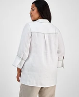 Charter Club Plus 100% Linen Embroidered Top, Exclusively at Macy's