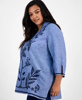 Charter Club Plus Embroidered Linen Tunic, Exclusively at Macy's