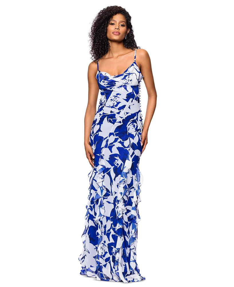 Betsy & Adam Women's Cowlneck Button-Trim Ruffled Gown