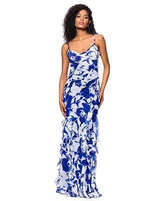 Betsy & Adam Women's Cowlneck Button-Trim Ruffled Gown