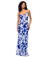 Betsy & Adam Women's Cowlneck Button-Trim Ruffled Gown