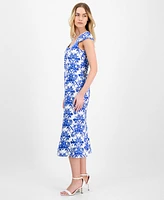 Anne Klein Printed Sweetheart-Neck Short-Sleeve Midi Dress