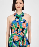 Tahari Petite Floral-Print Tie-Belt Crossover-Neck Jumpsuit