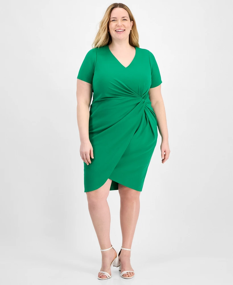 Tahari Plus V-Neck Twist-Detail Short-Sleeve Sheath Dress