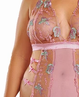 iCollection Plus Sheer Embroidered Bodysuit Lingerie with Bow Accents