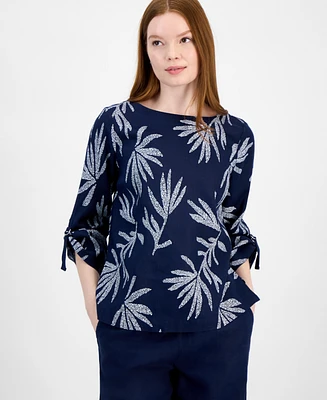 Charter Club Women's 100% Linen Textured Palm-Print Top, Exclusively at Macy's