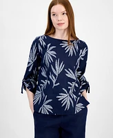 Charter Club Women's 100% Linen Textured Palm-Print Top, Exclusively at Macy's