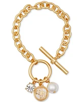 Guess Gold-Tone Mixed Stone Logo Charm Link Bracelet