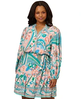 Adrianna Papell Plus Printed Long-Sleeve Belted Dress