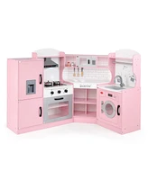 Corner Play Kitchen Toddler Playset with Range Hood, Ice Maker, Microwave