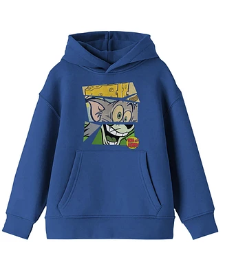 Tom & Jerry Boys Characters Mashup Block Layout Long Sleeve Royal Blue Hooded Sweatshirt-Medium