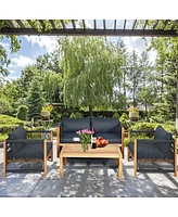 Gymax 4PCS Patio Furniture Set Acacia Wood Outdoor Sofa W/Nylon Rope Armrest Cushions