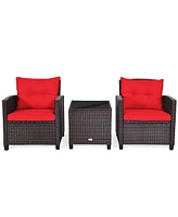 Gymax 3PCS Patio Outdoor Rattan Conversation Set w/ Cushion Coffee Table