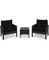 Gymax 3PCS Patio Rattan Conversation Furniture Set Yard Outdoor w/ Cushions Coffee Table