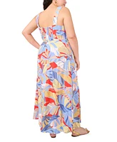 Vince Camuto Plus Tropical-Print Square-Neck Smocked-Back Sleeveless Maxi Dress