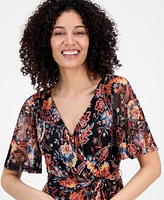 Connected Petite Printed Mesh High-Low Faux-Wrap Dress
