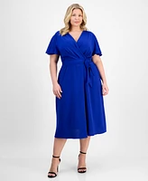 Connected Plus Tie-Waist Flutter-Sleeve Midi Dress