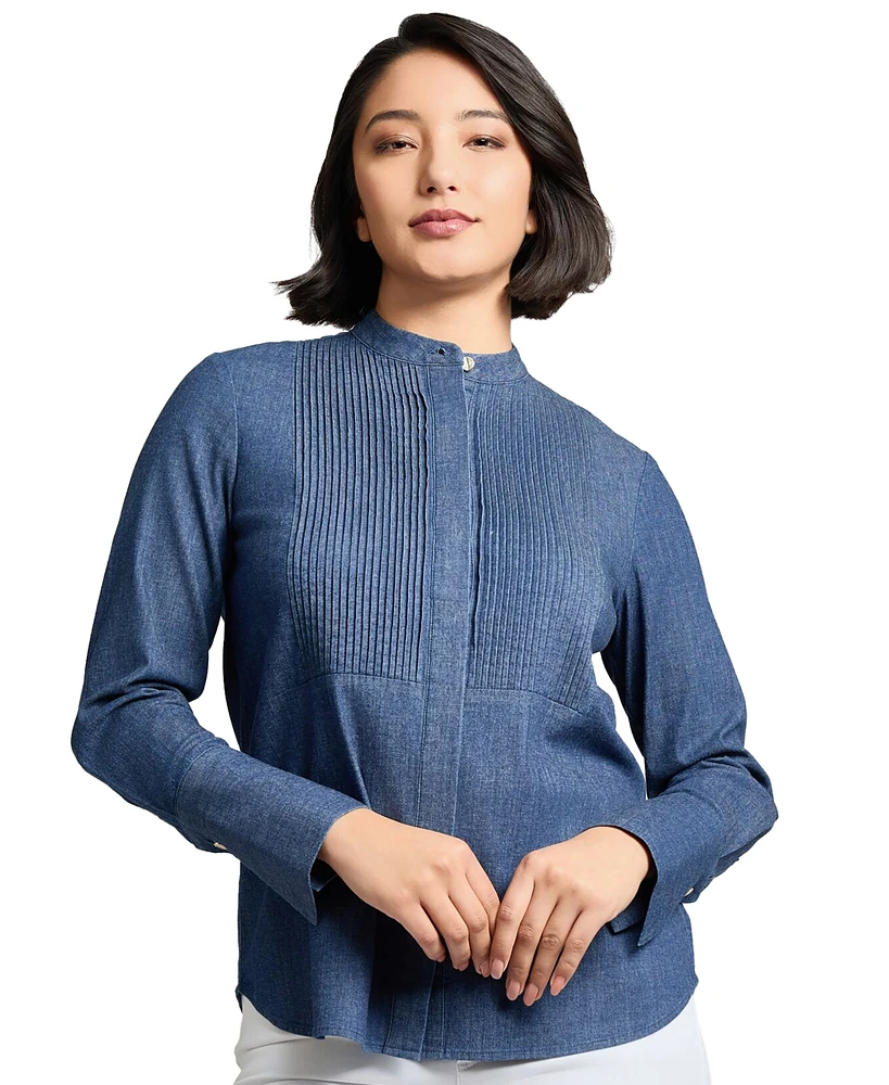 Jones New York Petite Stretch-Denim Shirred Blouse