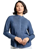 Jones New York Petite Stretch-Denim Shirred Blouse