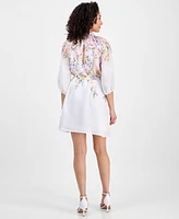 Sandra Darren Petite Placed-Floral Tie-Waist Shift Dress