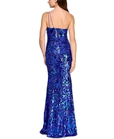 Crystal Doll Juniors' One-Shoulder Floral-Sequin Gown