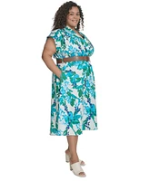 Calvin Klein Plus Floral-Print Belted Midi Dress