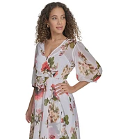 Calvin Klein Women's Floral Chiffon 3/4-Sleeve High-Low Dress