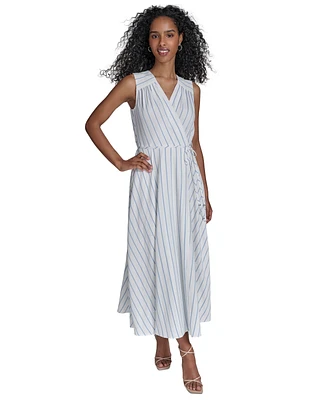 Calvin Klein Petite Striped Faux-Wrap Maxi Dress
