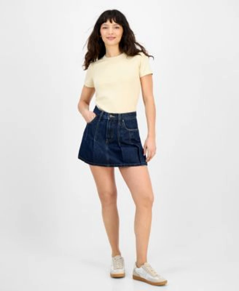 Levis Womens Perfect Graphic Logo Cotton T Shirt Pleated Denim Mini Skirt