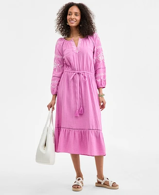 Style & Co Petite Cotton Embroidered Tassel-Tie Midi Dress, Exclusively at Macy's