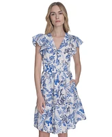 Eliza J Petite Floral Flutter-Sleeve Smocked-Waist Dress