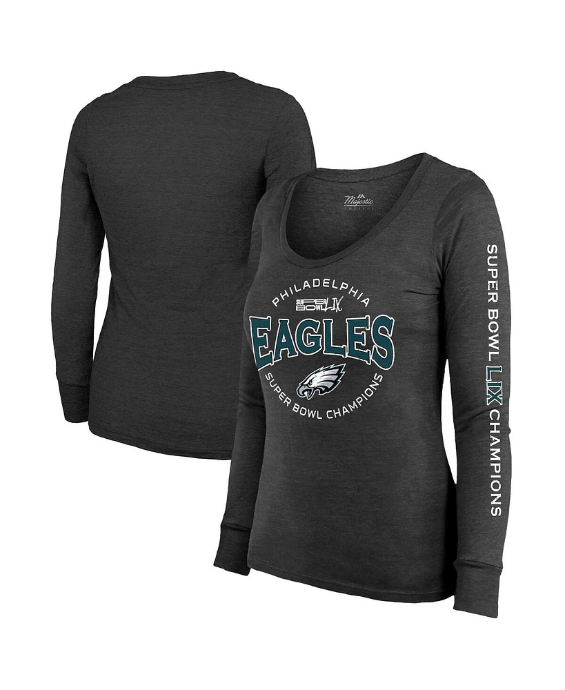 Majestic Women's Black Philadelphia Eagles Super Bowl Lix Champions Highlight Tri-Blend Scoop Neck Long Sleeve T-Shirt