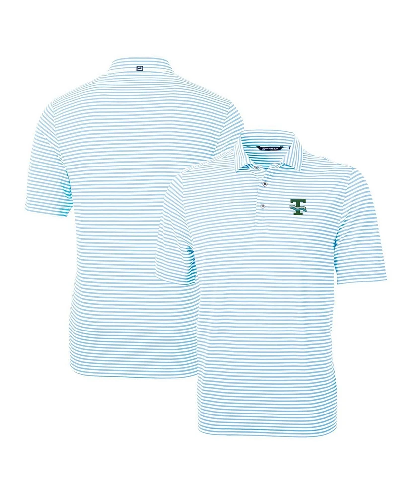 Cutter & Buck Men's Light Blue Tulane Green Wave Throwback Logo Virtue Eco Pique Stripe Polo Shirt