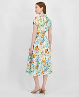 T Tahari Women's Collared V-Neck Cap-Sleeve Midi Dress