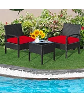 Gymax 3 Piece Outdoor Patio Rattan Conversation Furniture Set Yard w/ Cushions & Coffee Table