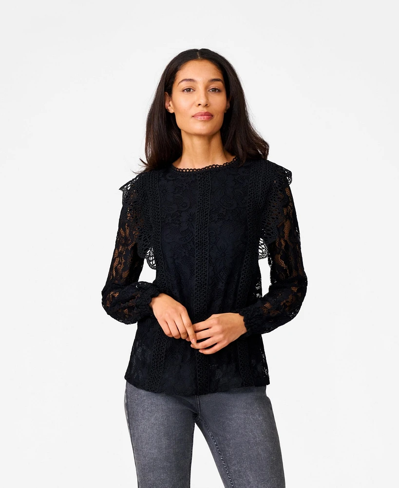 Cable & Gauge Women's Ruffle Crochet Trim Lace Top