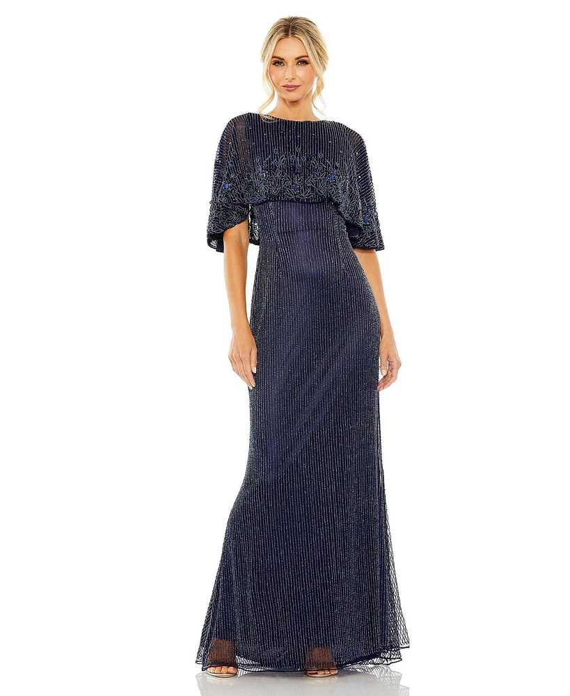 Mac Duggal Women's High Neck Column Gown With Embellished Cape