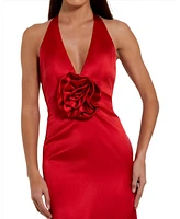 Mac Duggal Women's Fitted Satin Sleeveless Halter Gown With 3D Flower