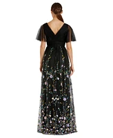 Mac Duggal Women's Embellished Illusion Butterfly Sleeve V Neck Gown