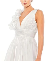 Mac Duggal Women's Ruffle Shoulder Empire Waist Deep-v Dress