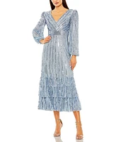 Mac Duggal Women's Long Sleeve Deep V Tiered Ruffle Sequin Dress