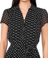 Msk Petite Dot-Print Tie-Waist Split-Neck A-Line Dress